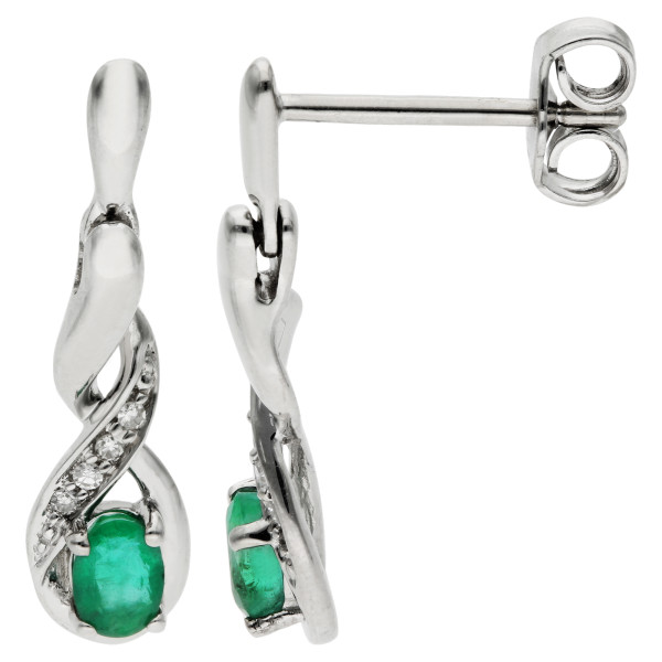9ct White Gold Emerald & Diamond Twist Drop Earrings