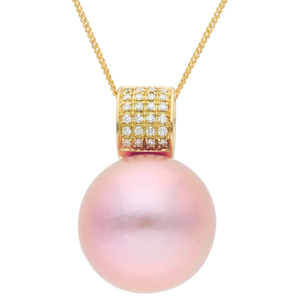 18ct Yellow Gold 14mm Pink Round Cultured River Pearl & Diamond Pendant