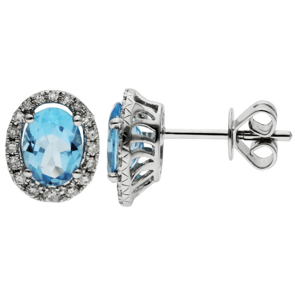 9ct White Gold Oval Blue Topaz & Diamond Cluster Earrings