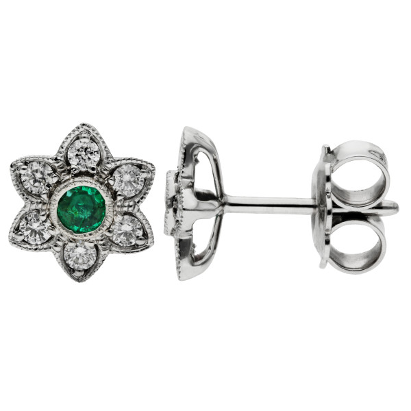 9ct White Gold Emerald & Diamond Flower Cluster Stud Earrings