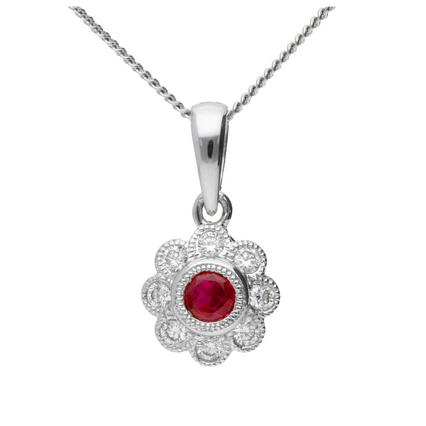 18ct White Gold 0.15ct Ruby & 0.10ct Diamond Cluster Pendant