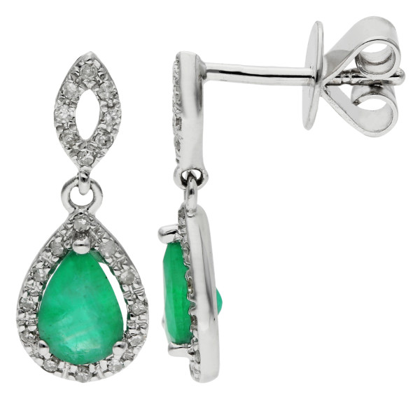 18ct White Gold Emerald & Diamond Pear Shape Drop Earrings
