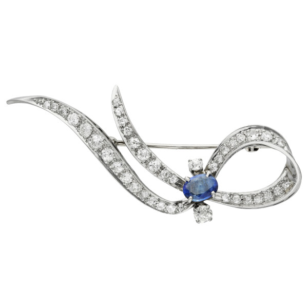 Pre-Owned 14ct White Gold Sapphire & Diamond Brooch