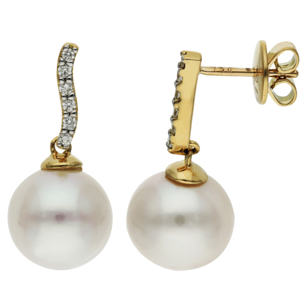 18ct Yellow Gold Cultured Pearl & Diamond Wave Drop Earrings 