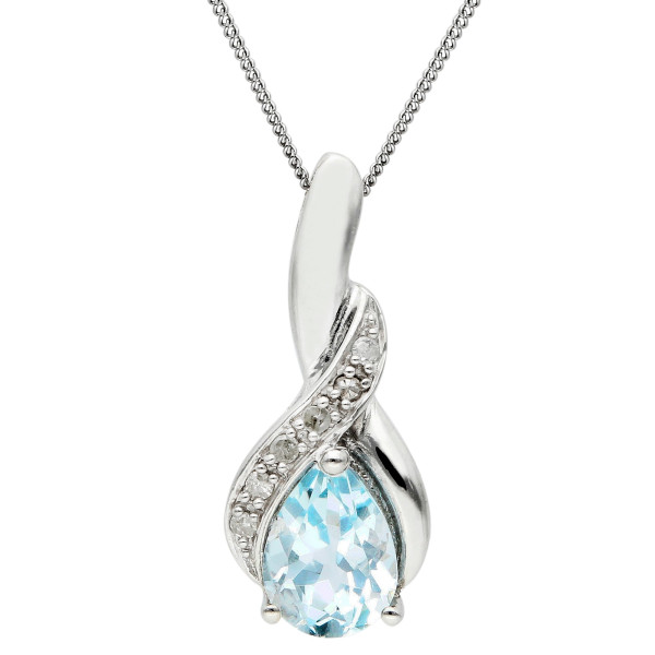 9ct White Gold Blue Topaz & Diamond Pear Shape Pendant