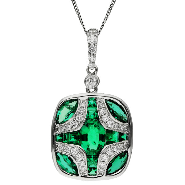 18ct White Gold Diamond & 1.15ct Emerald Pendant