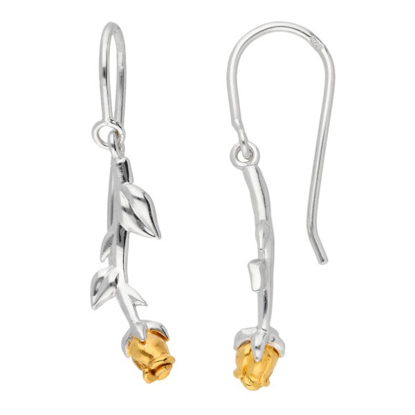 Silver & Yellow Gold Vermeil Rose Flower Drop Earrings