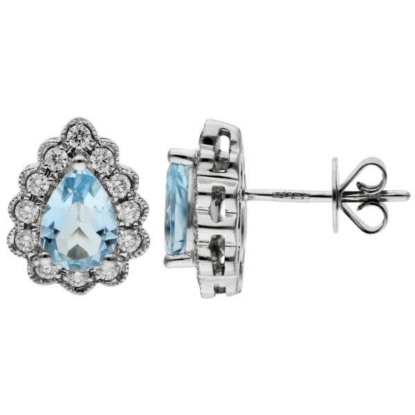 9ct White Gold Diamond & Aquamarine Halo Stud Earrings