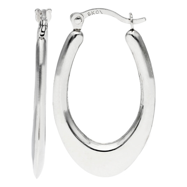 9ct White Gold Tube Oval Hoop Earrings