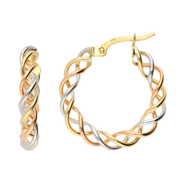 9ct Yellow, Rose & White Gold Twist Hoop Earrings