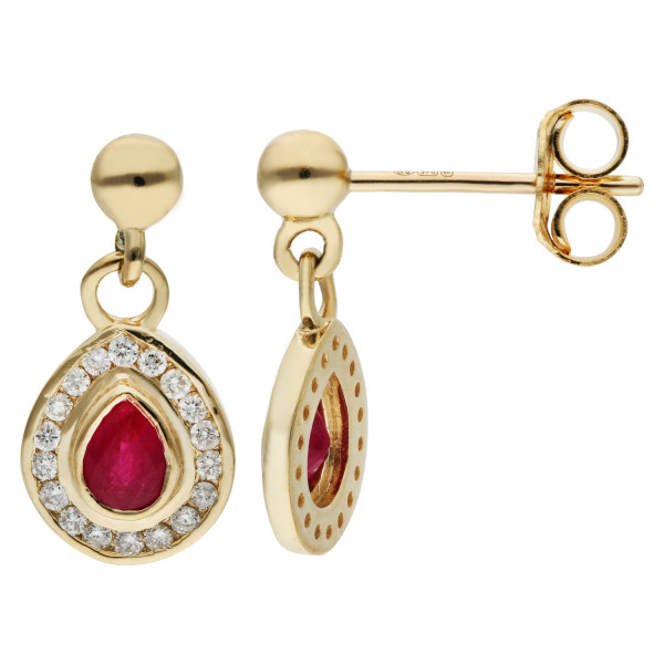 9ct Yellow Gold Ruby & Diamond Drop Earrings