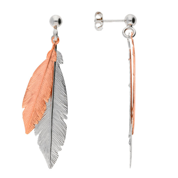 Sterling Silver & Rose Gold Plated Double Feather Earrings