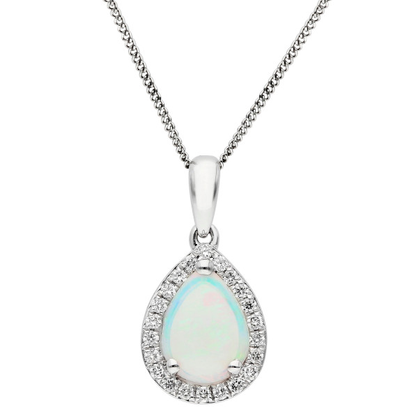 18ct White Gold Opal & Diamond Pear Shape Cluster Halo Pendant