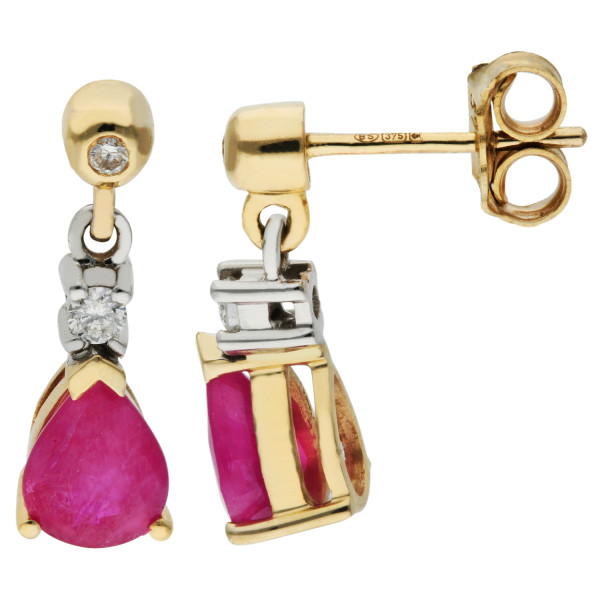 9ct Yellow & White Gold 7mm Ruby & Diamond Pear Shape Drop Earrings 