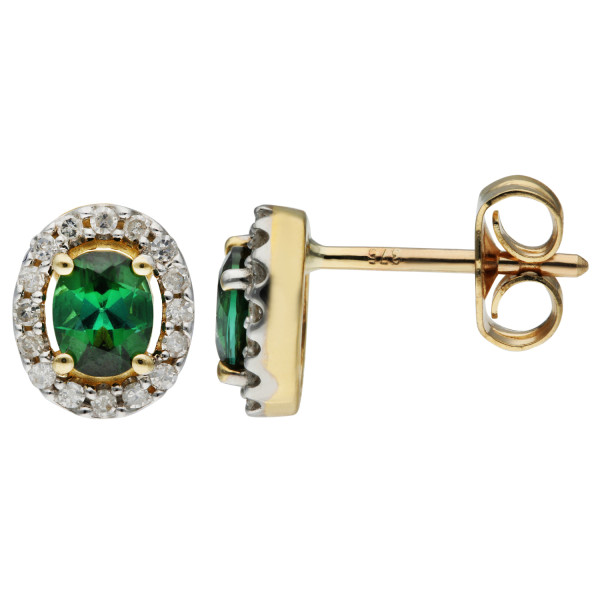 9ct Yellow Gold Green Tourmaline & Diamond Stud Earrings 
