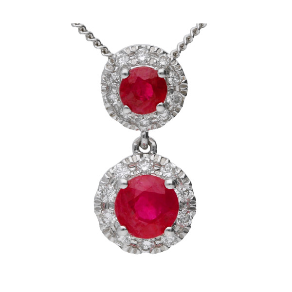 18ct White Gold 0.40ct Ruby & 0.10ct Diamond Double Cluster Pendant