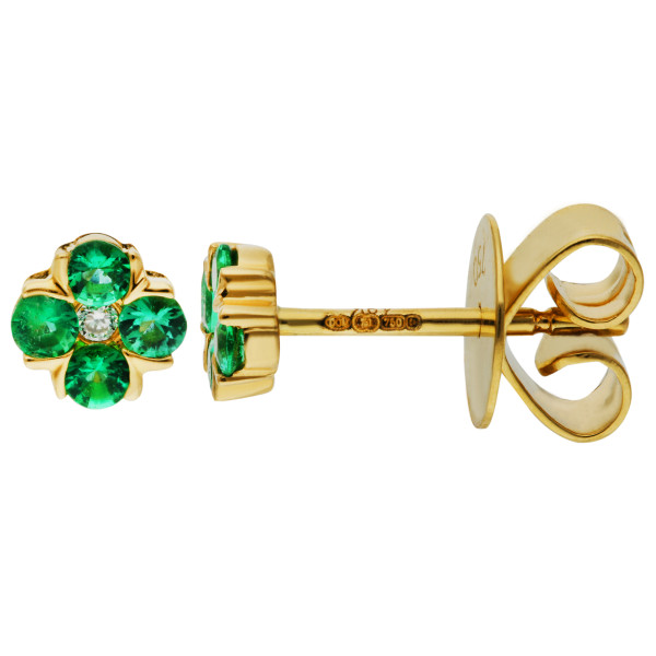 18ct Yellow Gold Emerald & Diamond Posy Stud Earrings