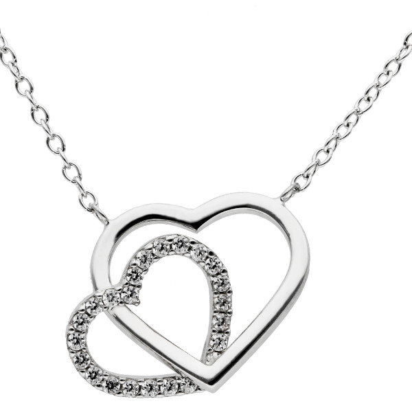 9ct White Gold Double Heart Cubic Zirconia Pendant Necklace