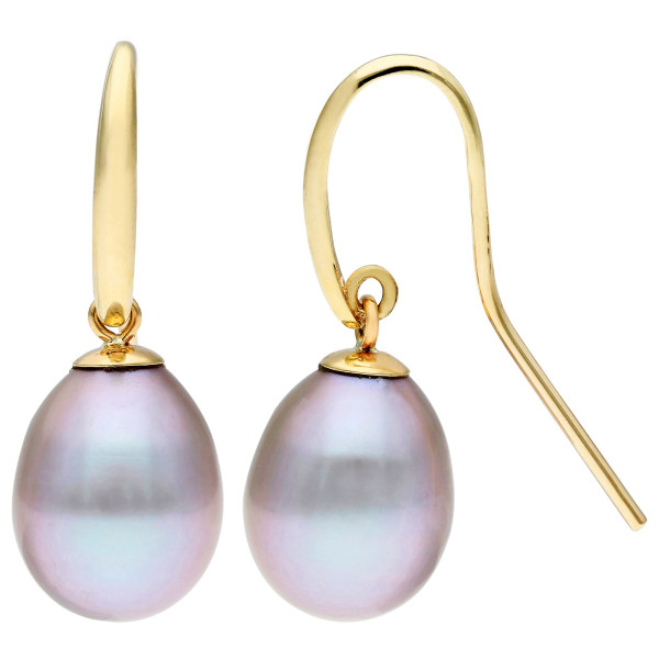 9ct Yellow Gold 9-10mm Grey Teardrop Cultured Rive Pearl Drop Earrings
