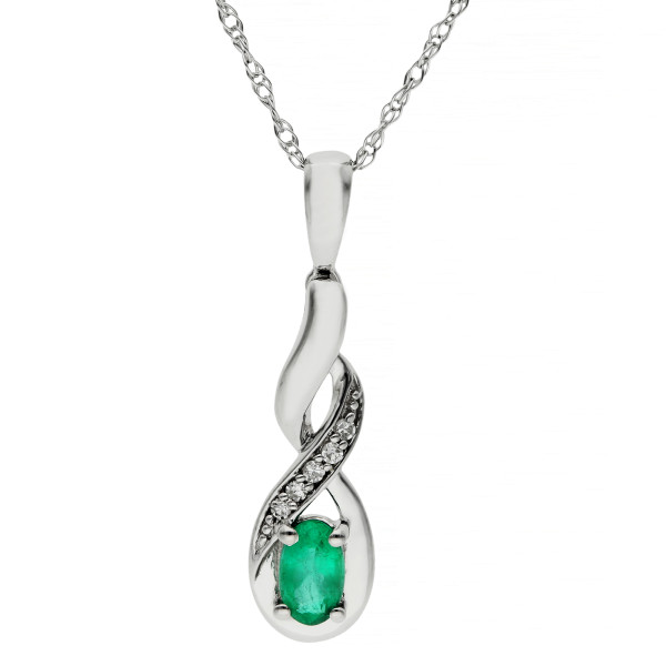 9ct White Gold Emerald & Diamond Twist Pendant