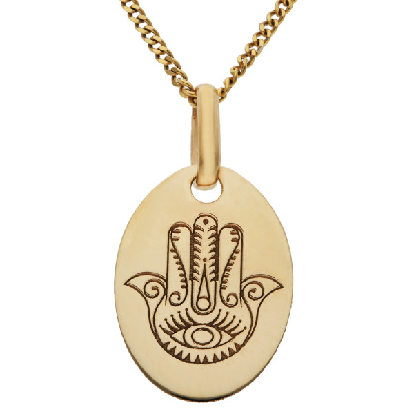 9ct Yellow Gold Engraved Hamsa Oval Disc Pendant