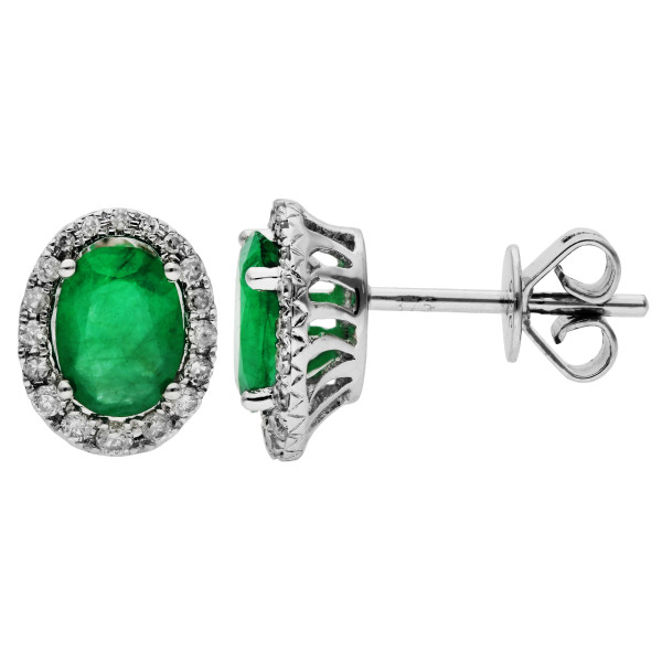 9ct White Gold Emerald & Diamond Oval Halo Stud Earrings