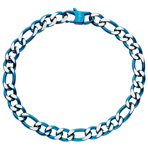 Men's Blue Plated Stainless Steel 7mm Figaro Chain Bracelet