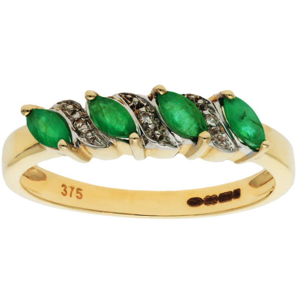 9ct Yellow Gold Emerald and Diamond Marquise Ring