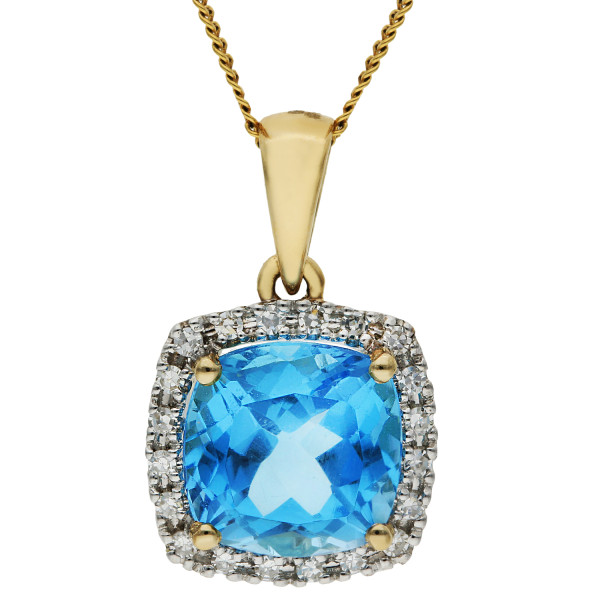 9ct Yellow Gold Swiss Blue Topaz & Diamond Halo Pendant