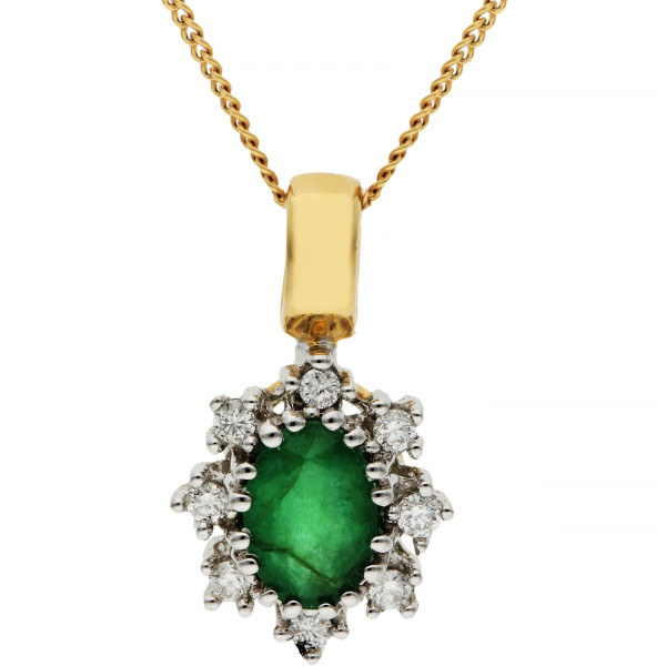 9ct Yellow & White Gold Emerald & Diamond Cluster Pendant
