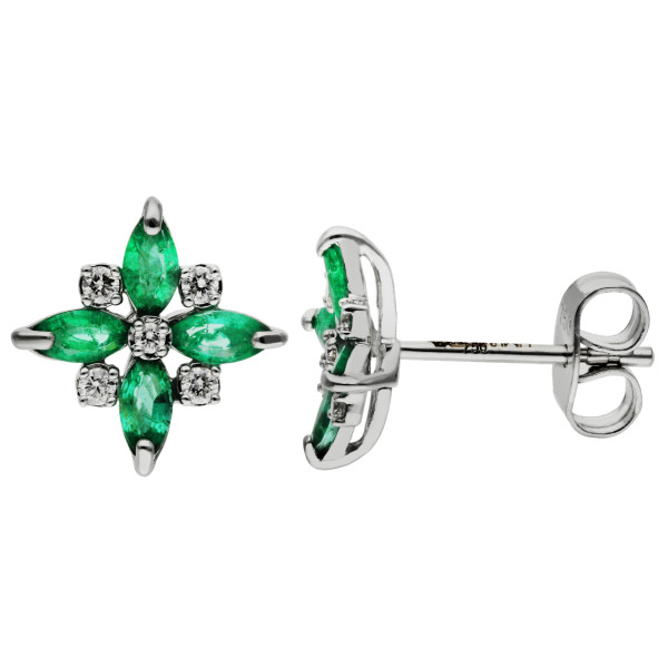 9ct White Gold 0.60ct Emerald & 0.10ct Diamond Flower Stud Earrings