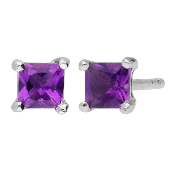 9ct White Gold 3mm Amethyst Solitaire Sqaure Shape Stud Earrings 