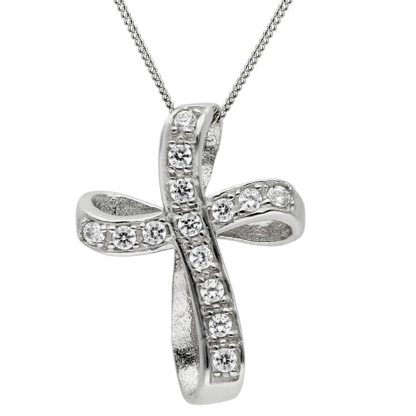 9ct White Gold Cubic Zirconia Twist Cross Pendant