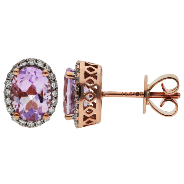 9ct Rose Gold Pink Amethyst & Diamond Oval Halo Stud Earrings