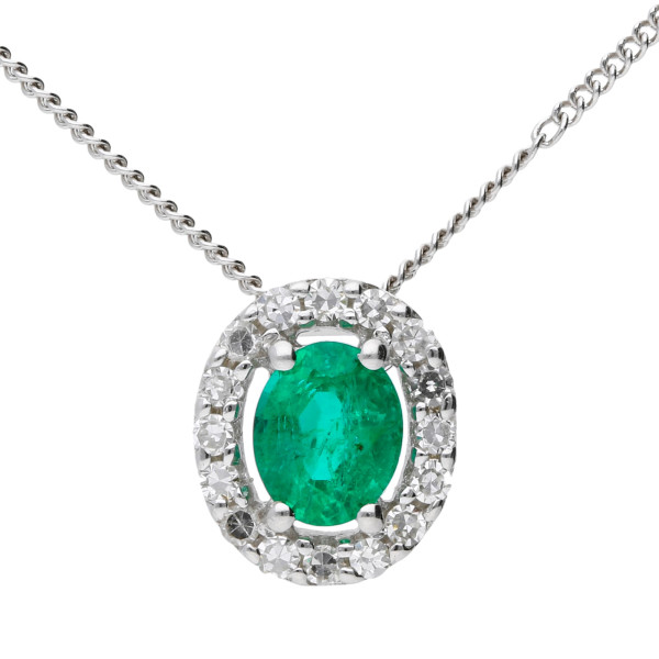 9ct White Gold Emerald & Diamond Pendant