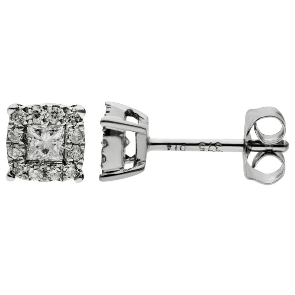 9ct White Gold & Diamond Square Halo Stud Earrings