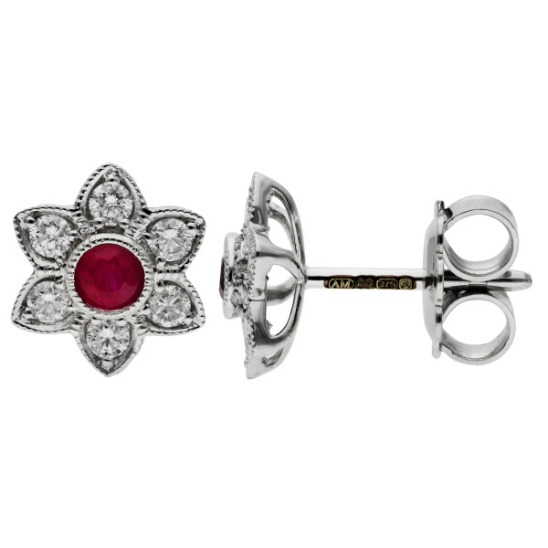 9ct White Gold Ruby & Diamond Flower Cluster Stud Earrings