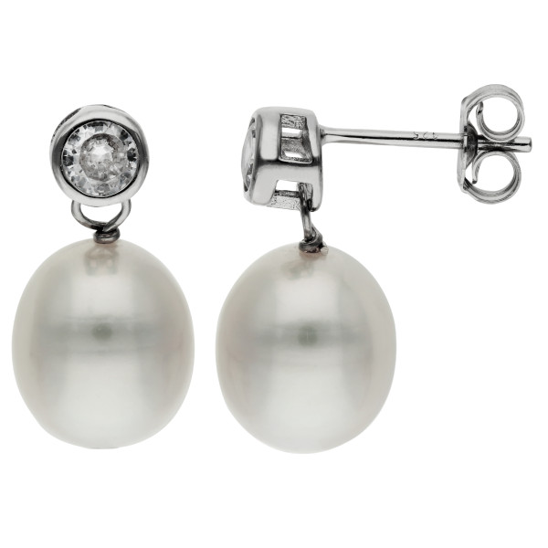Sterling Silver White Cultured Pearl & CZ Drop Earrings