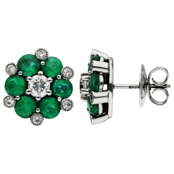 18ct White Gold Emerald & Diamond Cluster Earrings