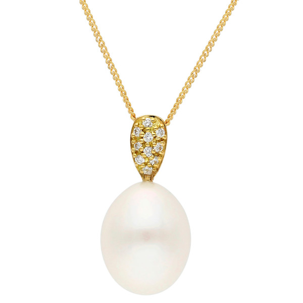 18ct Yellow Gold 9-10mm Teardrop Cultured River Pearl & Diamond Pendant
