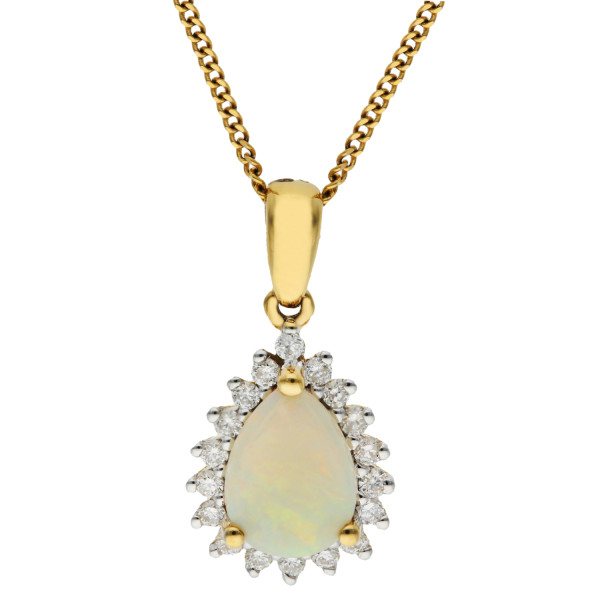 18ct Yellow Gold Opal & Diamond Pear Shape Halo Cluster Pendant