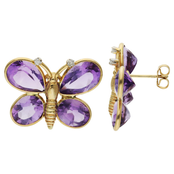 9ct Yellow Gold Amethyst & Diamond Butterfly Earrings