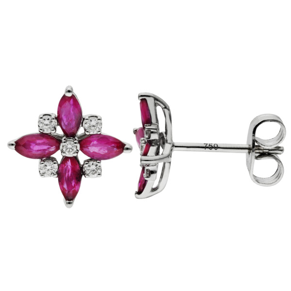 9ct White Gold 0.80ct Ruby & 0.10ct Diamond Flower Stud Earrings
