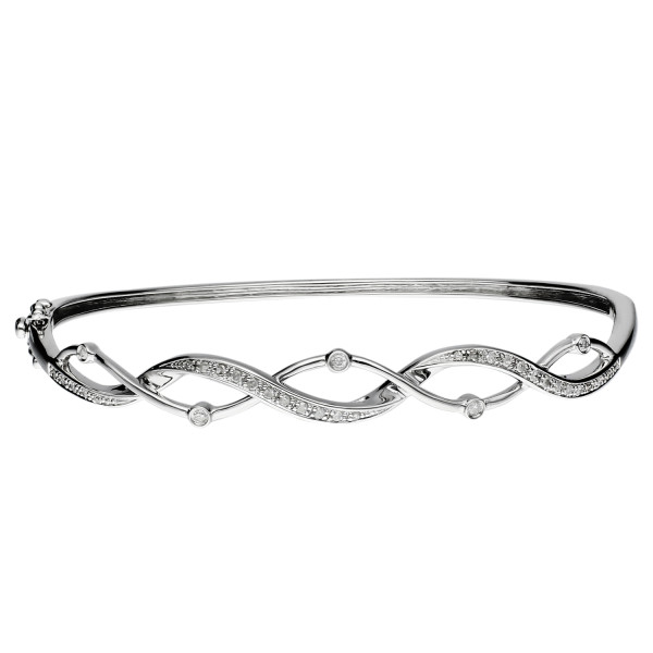 9ct White Gold Diamond Wave Hinged Bangle