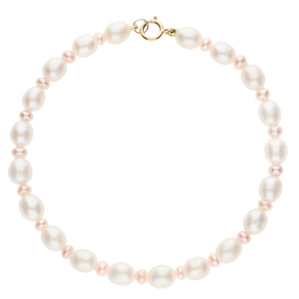 9ct Yellow Gold White & Peach Rice Pearl Bracelet