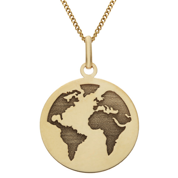 9ct Yellow Gold Engraved World Map Disc Pendant