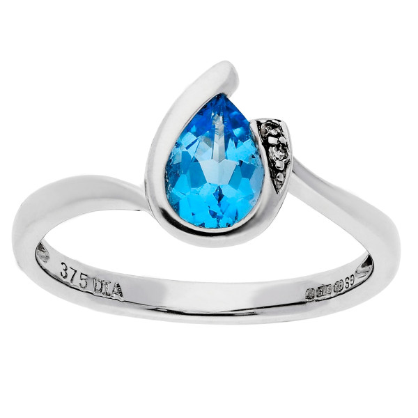 9ct White Gold Blue Topaz & Diamond Curl Ring