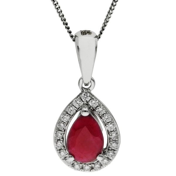 9ct White Gold Ruby & Diamond Pear Shape Pendant