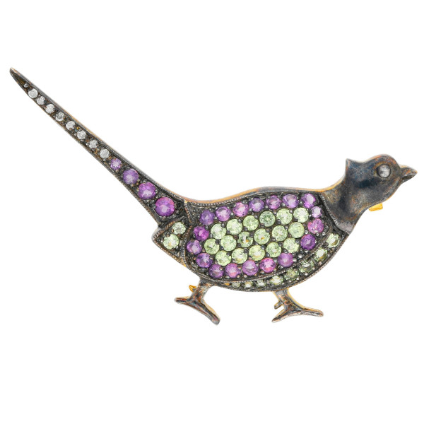 Amethsyt & Peridot Pheasant Brooch