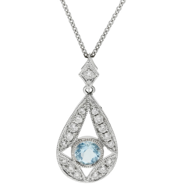 9ct White Gold Diamond & Aquamarine Pendant